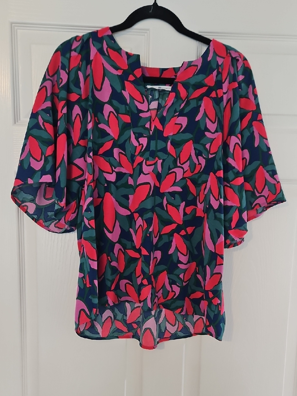 Vibrant Pink & Green Floral Flutter-Sleeve Blouse